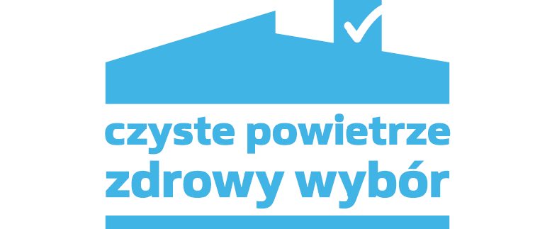 Logo Programu Czyste Powietrze, domek z kominem z hasłem Czyste powietrze zdrowy wybór