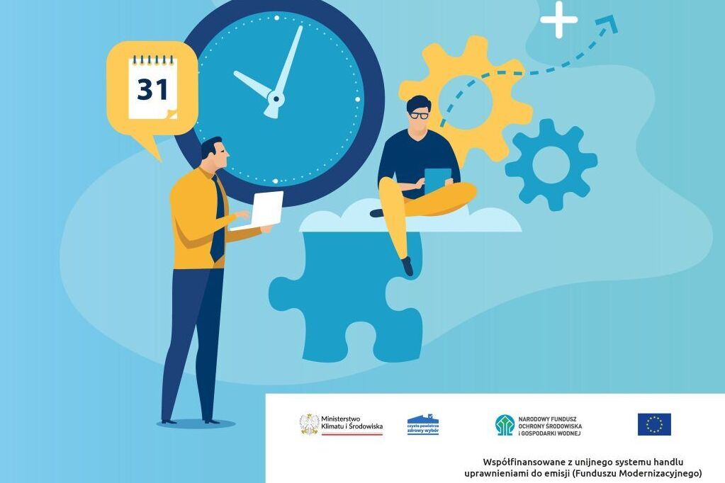Kolorowy plakat z dwoma postaciami które rozmawiają i mają laptopy, w tle jest zegar,kalendarz
