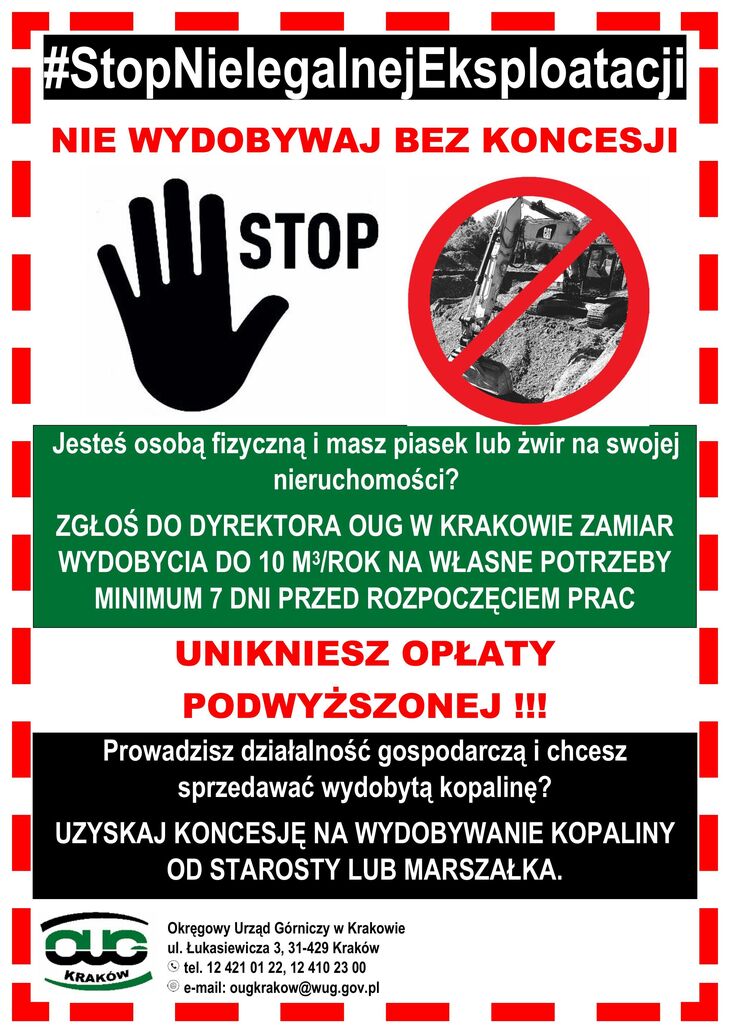 Plakat informacyjny #StopNielegalnejEksploatacji, logo STOP, przekreślone zdjęcie wydobywania kopalin