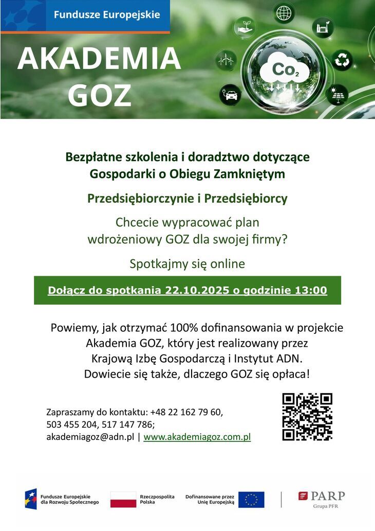 Zaproszenie na bezpłatne szkolenie i doradztwo dotyczące Gospodarki o Obiegu Zamkniętym. 22.10.2025 r. godz. 12:00