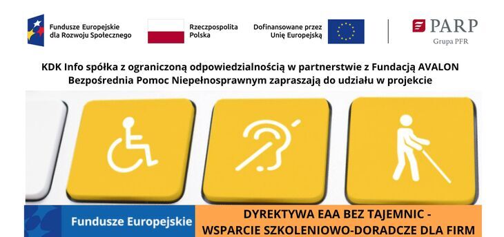 Plakat informacyjny o bezpłatnym szkoleniu w ramach projektu „Dyrektywa w EAA bez tajemnic wsparcie szkoleniowo-doradcze dla firm”.