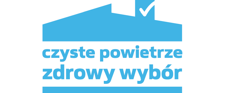 Logo Programu Czyste Powietrze, domek z kominem z hasłem Czyste powietrze zdrowy wybór