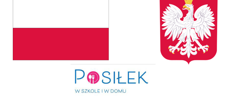 Grafika przedstawia flagę i godło polski oraz napis pod spodem Posiłek w szkole i w domu