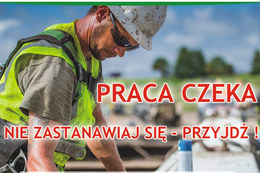 Grafika robotnik z napisem PRACA CZEKA NIE ZASTANAWIAJ SIĘ - PRZYJDŹ!