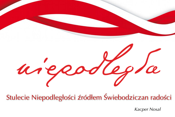 Flaga Polski logo niepodległa z napisem Stulecie Niepodległości źródłem Świebodziczan radości Kacper Nosal