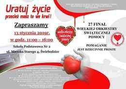 Uratuj życie przecież masz to we krwi!
Zapraszamy
13 stycznia 2019r.
 w godz. 11:00 - 16:00 ul. Mieszka Starego 4, Świebodzice Krew jest niezbędna dla dzieci i dorosłych walczących z rakiem, dla pacjentów oczekujących na zabieg chirurgiczny, ofiar wypa