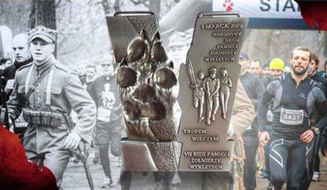 Kolaż zdjęć: wojskowy, medal i uczestnicy biegu