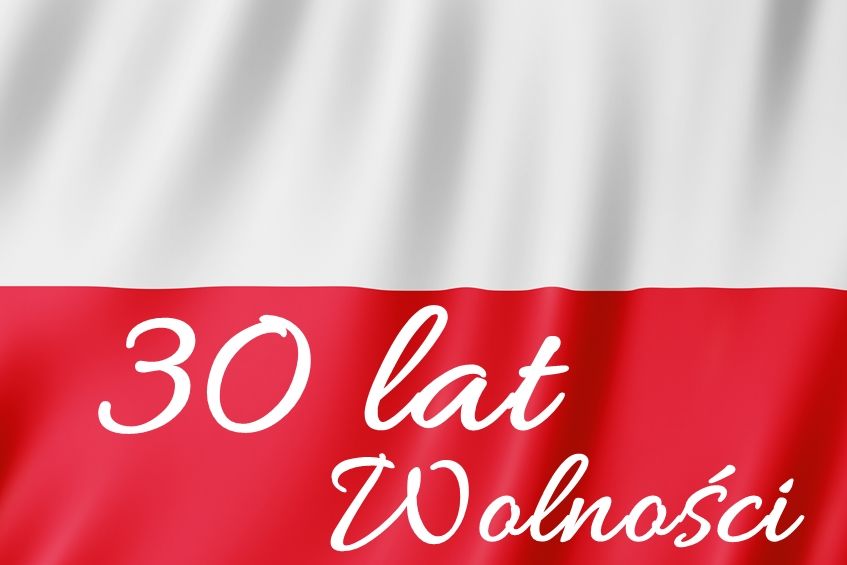 Flaga polski z napisem 30 lat wolności