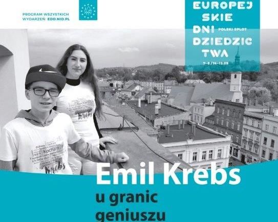 Wycinek plakatu wydarzenia z napisami Emil Krebs u granic geniuszu