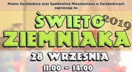 Wycinek plakatu z napisem Miasto Świebodzice oraz Spółdzielnia Mieszkaniowa w Świebodzicach zapraszają na SWIETO Ziemniaka 28 WRZEŚNIA 100 - 14.00