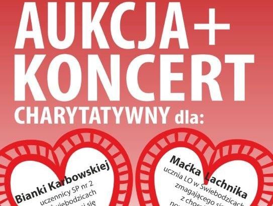 Wycinek plakatu czerwonego z napisem AUKCJA + KONCERT charytatywny dla: Bianki Karbowskiej, Maćka Lachnika