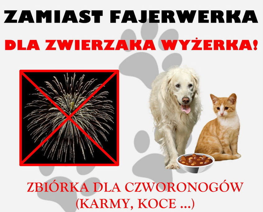 Plakat Zamiast fajerwerków dla zwierzaka wyżerka. Zbiórka dla czworonogów (Karmy, Koce...) Zdjęcie przekreślonych fajerwerków, obok kot i pies z miską jedzenia.