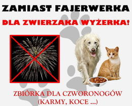 Plakat Zamiast fajerwerków dla zwierzaka wyżerka. Zbiórka dla czworonogów (Karmy, Koce...) Zdjęcie przekreślonych fajerwerków, obok kot i pies z miską jedzenia.