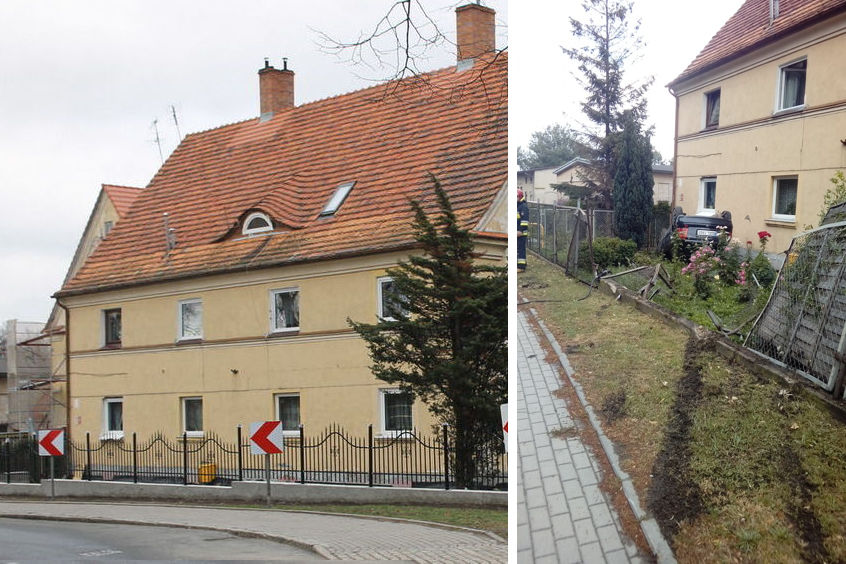 Zdjęcie dzielone  przedstawia po lewej widok zniszczonego ogrodzenia przy ul. Świdnickiej, a po prawej płot po naprawie.