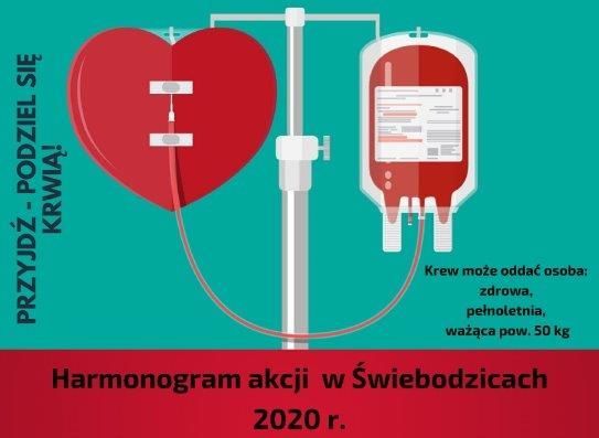 Plakat 	
Krew może oddać osoba: zdrowa, pełnoletnia, ważąca pow. 50 kg Harmonogram akcji w Świebodzicach 2020 r. PRZYJDŹ - PODZIEL SIĘ KRWIĄ!