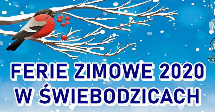 Grafika sikorki na drzewie z napisem Ferie Zimowe 2020 w Świebodzicach