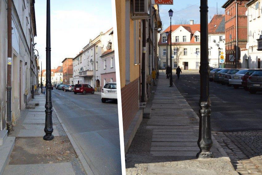 Przełamane zdjęcie pokazujące po lewej stare oświetlenie, a po prawej nowe lampy na ul. Prusa.