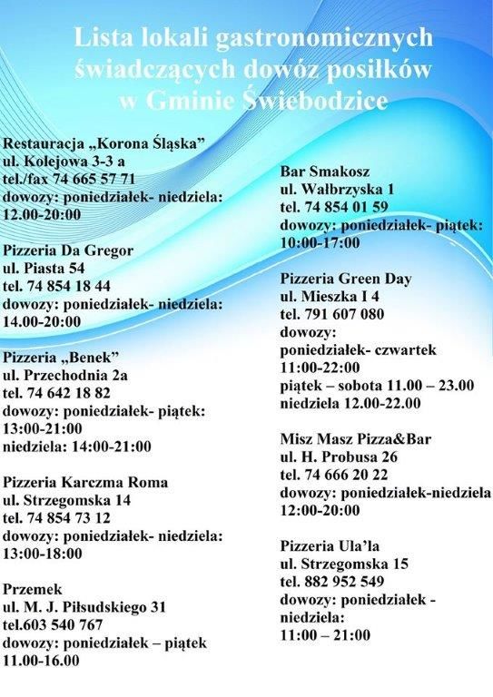 Plakat  	
Lista lokali gastronomicznych świadczących dowóz posiłków w Gminie Swiebodzice
