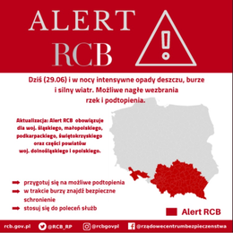 Plakat ALERT RCB Dziś (29.06) i w nocy intensywne opady deszczu, burze i silny wiatr. Możliwe nagłe wezbrania rzek i podtopienia. Aktualizacja: Alert RCB obowiązuje dla woj. śląskiego, małopolskiego, podkarpackiego, świętokrzyskiego oraz części powiatów woj. dolnośląskiego i opolskiego. Przygotuj się na możliwe podtopienia w trakcie burzy znajdź bezpieczne schronienie stosuj się do poleceń służb