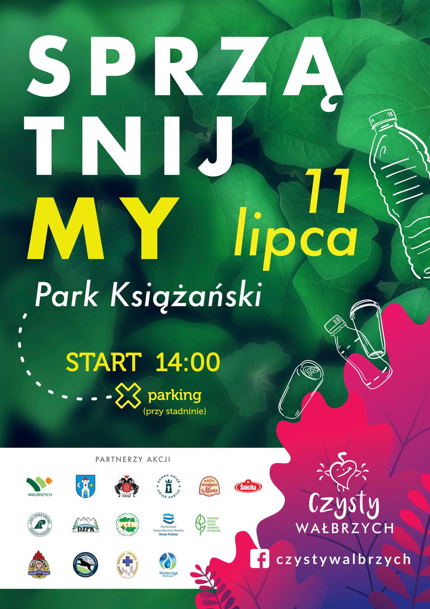 Plakat SPRZĄTNIJ 11 MY lipca Park Książanki START 14:00 parking (przy stadninie)