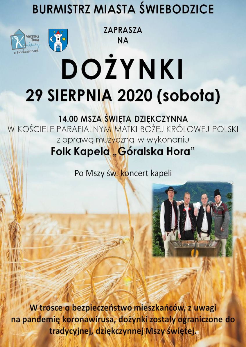 Plakat promocyjny wydarzenia Dożynki. Na plakacie widać niebo i i łany zbóż. Plakat  przedstawia również fotografię zespołu folkowego "Góralska Hora"  