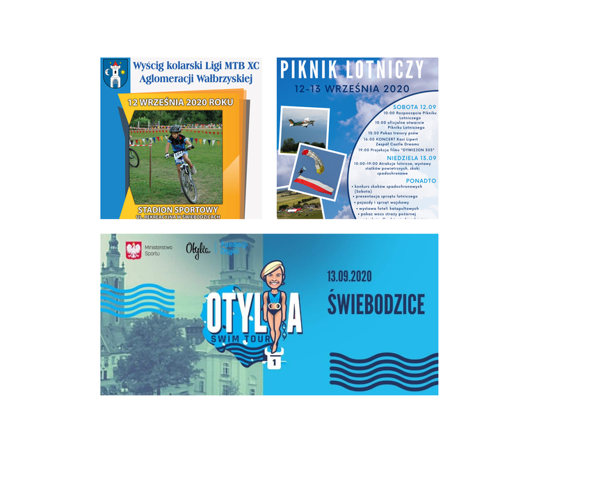 Zdjęcie stanowi kolaż trzech plakatów promujących wydarzenia. Od lewej u góry widać zapowiedź wyścigu kolarskiego, obok biało-niebieski plakat pikniku lotniczego, pod spodem poziomy baner z kreskówkową postacią Otyli Jędrzejczak zapowiadający Otylia Swim Tour 