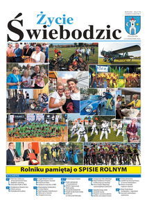 Strona tytułowa biuletyny samorządowego Życie Świebodzic. Biały pionowy prostokąt wypełniony zdjęciami w różnym rozmiarze. Na dole strony spis treści. 