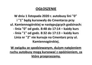 Rozkład jazdy autobusów miejskich na 1 listopada zapisany czarną czcionką na białym tle.