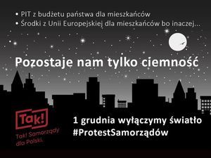 Informacja graficzna na ciemnym tle dotycząca akcji gaszenia świateł 1 grudnia na znak protestu. Centralnie umieszczony napis: Pozostaje nam tylko ciemność. 