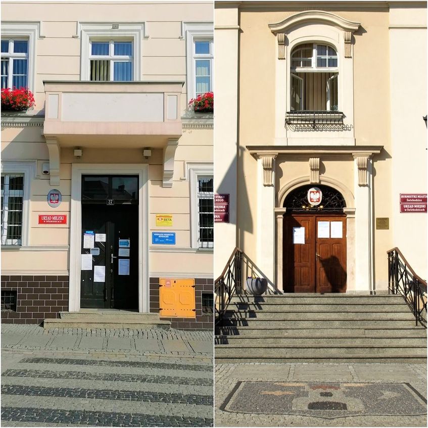 Przełamane zdjęcie pokazujące po prawej stronie wejście do Ratusza Miejskiego, a po lewej wejście do Urzędu Miejskiego na ul. Żeromskiego. 