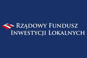 Granatowy poziomy prostokąt z białym napisem Rządowy Fundusz Inwestycji Lokalnych