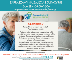 Plakat informacyjny dotyczący zajęć dla seniorów. Biało niebieski kwadrat.