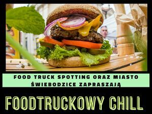 Kwadratowy plakat informacyjny dotyczący wydarzenia Foddtruckowy Chill.