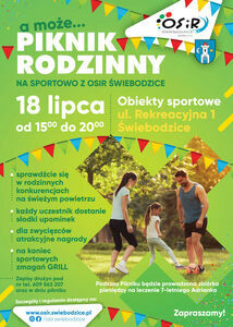 plakat pionowy w kolorach żółto-zielonych zapraszający na Piknik Rodzinny