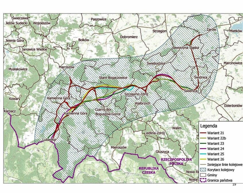 Aktualne warianty przebiegu dla linii kolejowej Żarów - granica Państwa