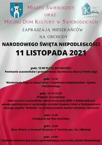 Plakat biało-czerwony z treścią obchodów Święta Niepodległości 11 listopada. 