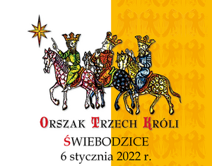 Biało-żółty prostokąt na dole czarne napisy. W centralnym punkcie postacie trzech króli.