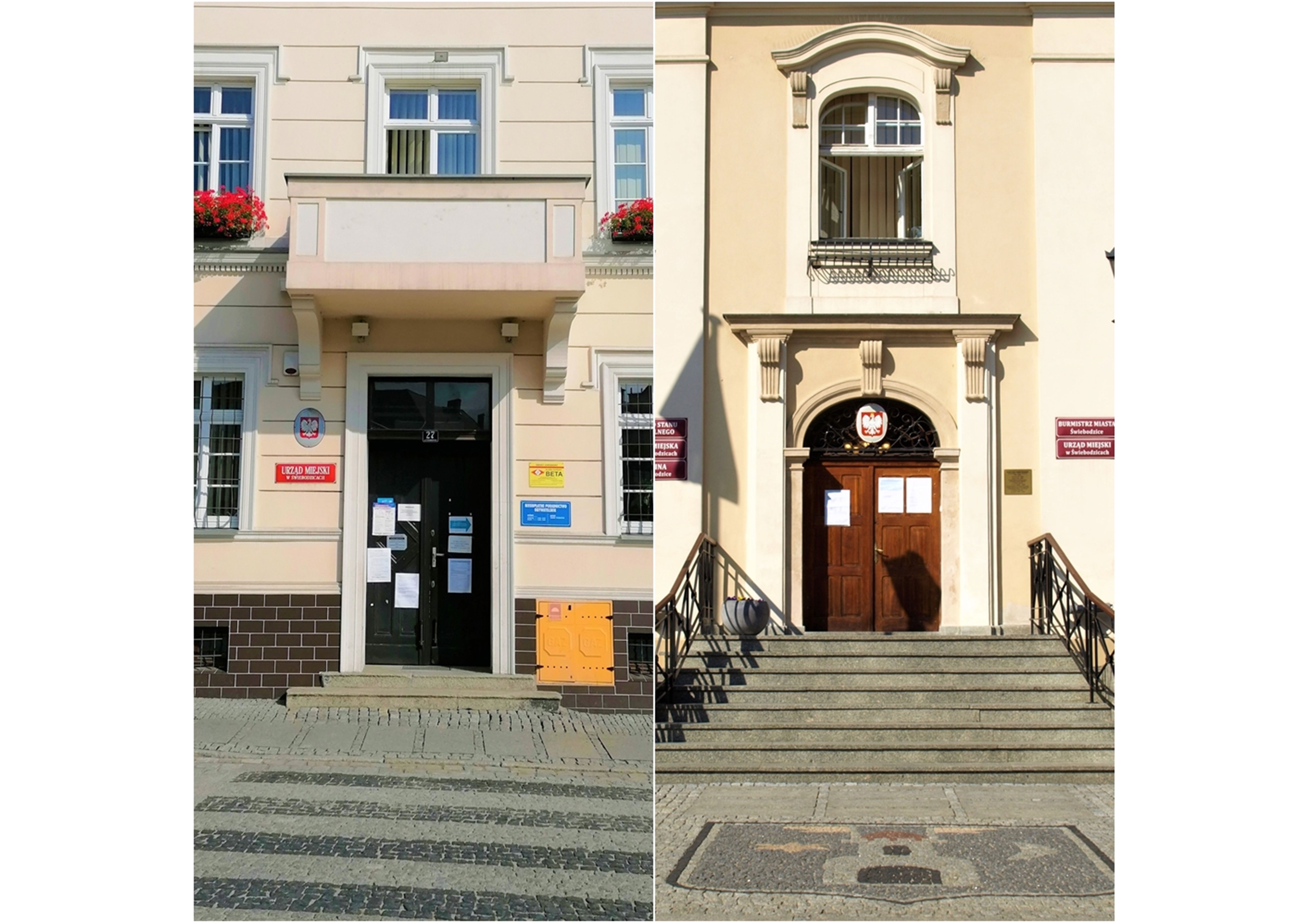 dwa zdjęcia obrazujące wejścia do Urzędu Miejskiego