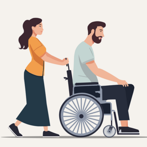 Osoba pchająca wózek inwalidzki z osobą niepełnosprawną