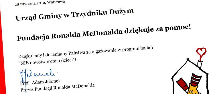 Urząd Gminy w Trzydniku Dużym - Fundacja Ronalda McDonalda dziękuje za pomoc! 