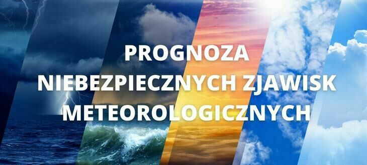 Napis PROGNOZA NIEBEZPIECZNYCH ZJAWISK METEOROLOGICZNYCH. W tle zdjęcia różnych zjawisk pogodowych.