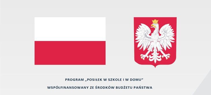 Flaga Polski po lewej stronie i godło Polski – biały orzeł w koronie na czerwonym tle – po prawej stronie, z hasłem "Poznajemy Polskę w szkole i w domu".