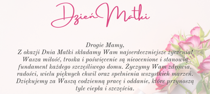 Grafika z okazji Dnia Matki z różowym napisem "Dzień Matki" i wiadomością w języku polskim, obok różowych kwiatów na białym tle.