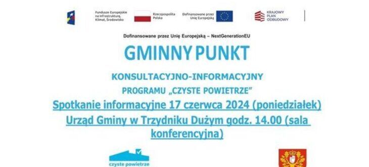 Plakat informacyjny o spotkaniu konsultacyjno-informacyjnym programu "Czyste Powietrze" w Urzędzie Gminy w Tyczynie, 17 czerwca 2024, z logotypami instytucji.