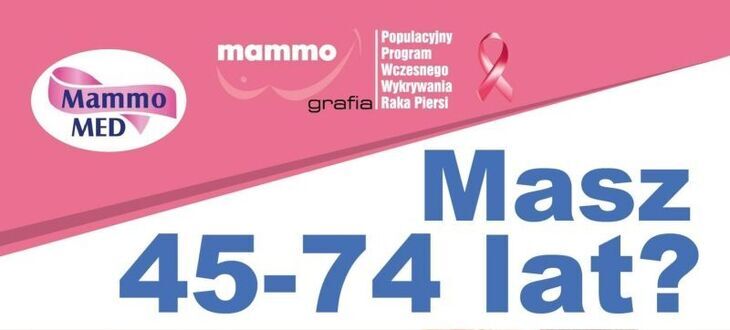Plakat programu profilaktyki raka piersi dla kobiet w wieku 45-74 lat, pokazujący uśmiechnięte kobiety idące obok siebie, informacje kontaktowe i daty.