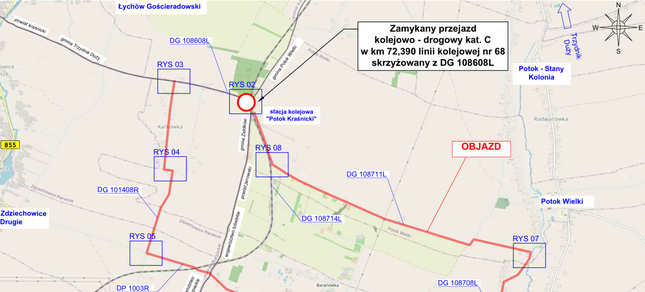 Mapa z zaznaczonym miejscem zamknięcia drogi, wskazania kierunków objazdów i lokalizacji, z różnymi kolorami linii drogowych.