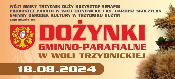 Opis alternatywny: Plakat festiwalu "Dożynki Gminy Dłużyn Duży", zawierający informacje o wydarzeniach, takich jak msza święta i koncerty, z datami i godzinami zaplanowanymi na 18 września 2022 roku. Wyróżnia się grafika wieńca dożynkowego i gwiazda wieczoru Akcja.