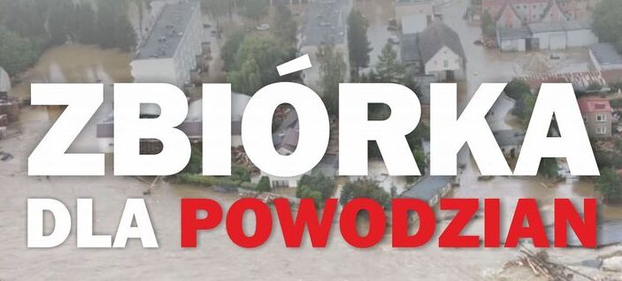 Plakat informacyjny o zbiórce dla poszkodowanych przez powódź, z datami 18.09 - 26.09.2024, listą potrzebnych artykułów i herbem Polski.