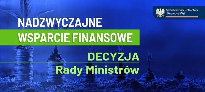 Niebieskie tło z grafiką roślin wodnych, tekst "Nadzwyczajne wsparcie finansowe. Decyzja Rady Ministrów" oraz logo organizacji w prawym górnym rogu.