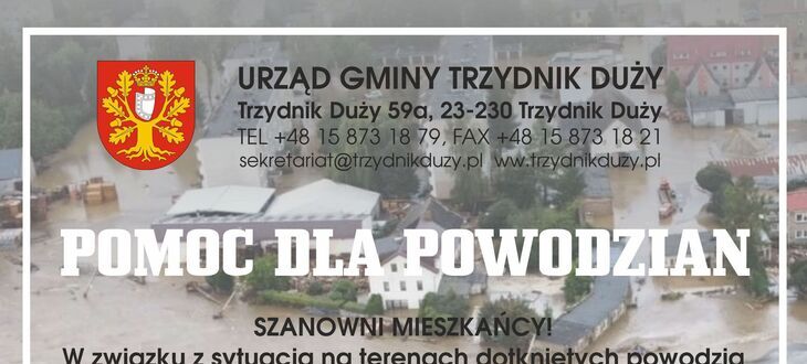 Zdjęcie przedstawia plakat z informacjami na temat zbiórki pieniędzy dla ofiar powodzi, z widokiem zalanych terenów w tle.